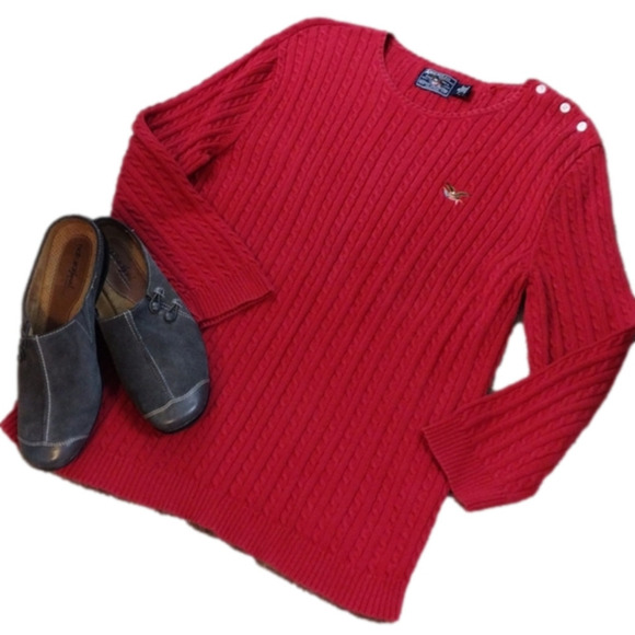 American Living Red Button Shoulder Crew Neck Long Sleeve Cable Knit Sweater Top - Picture 1 of 11